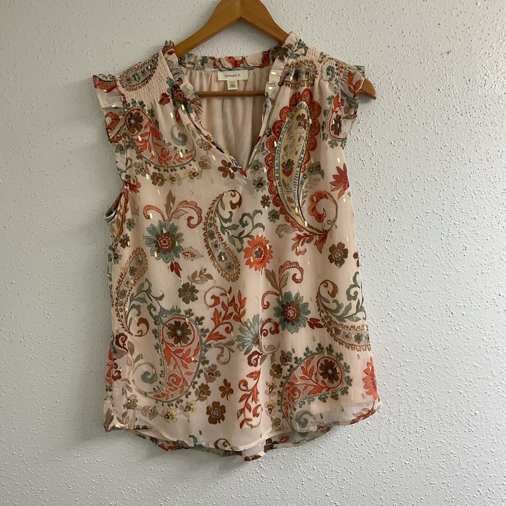 Cream Ruffled Buttoned Blouse with Mandarin Collar
